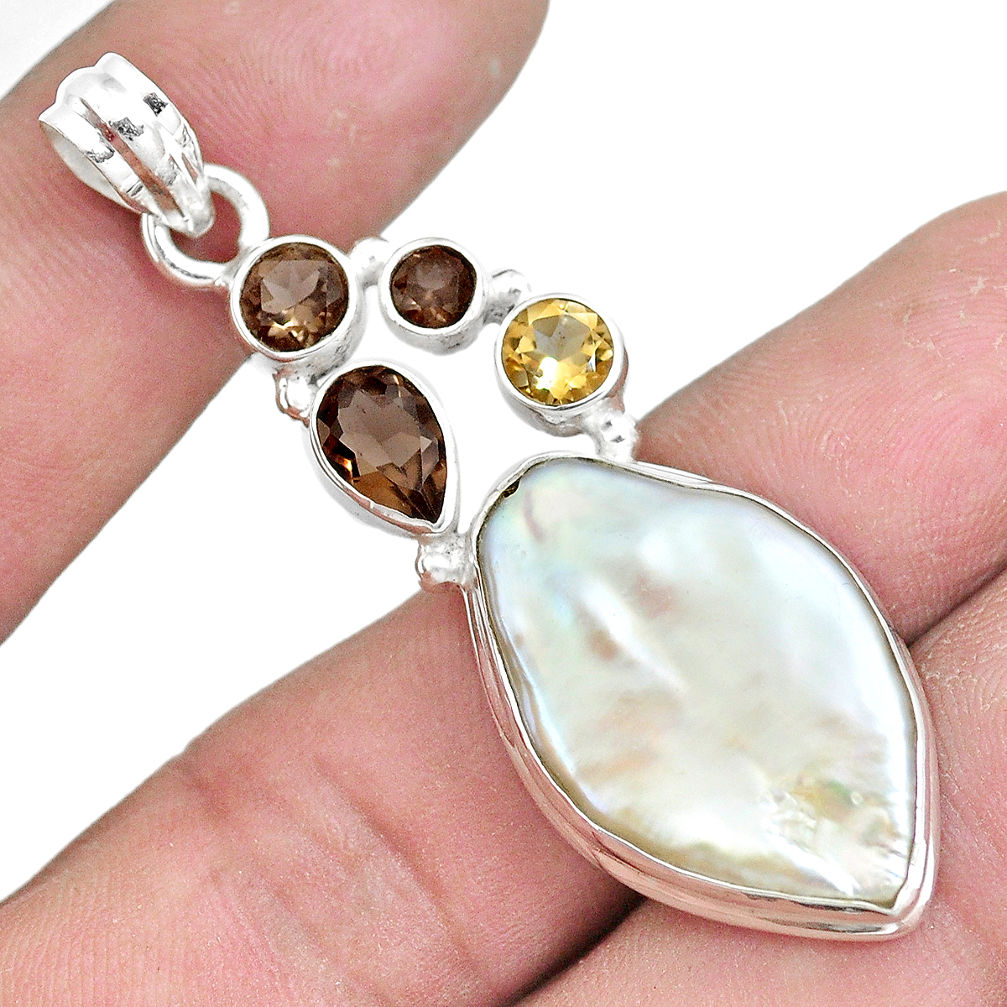 22.05cts natural white pearl smoky topaz citrine 925 silver pendant p10561