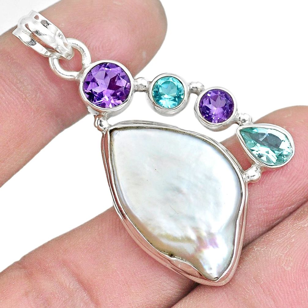 24.65cts natural white pearl amethyst topaz 925 silver pendant jewelry p10562