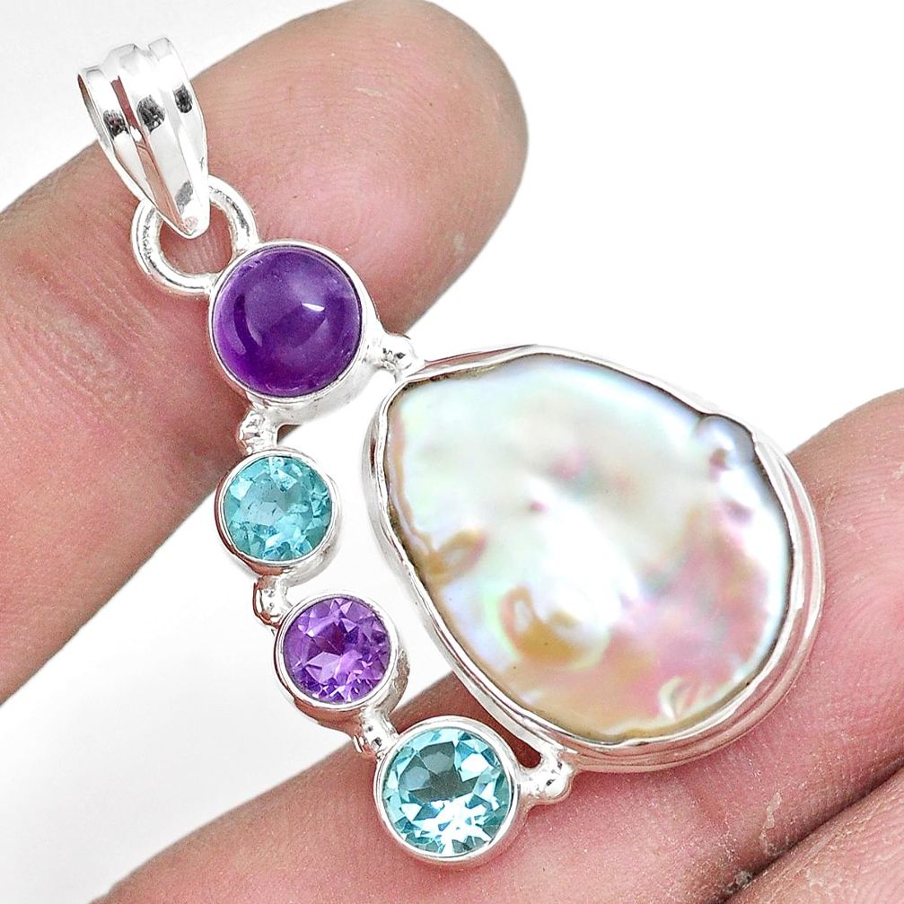 22.59cts natural white pearl amethyst topaz 925 sterling silver pendant p10563