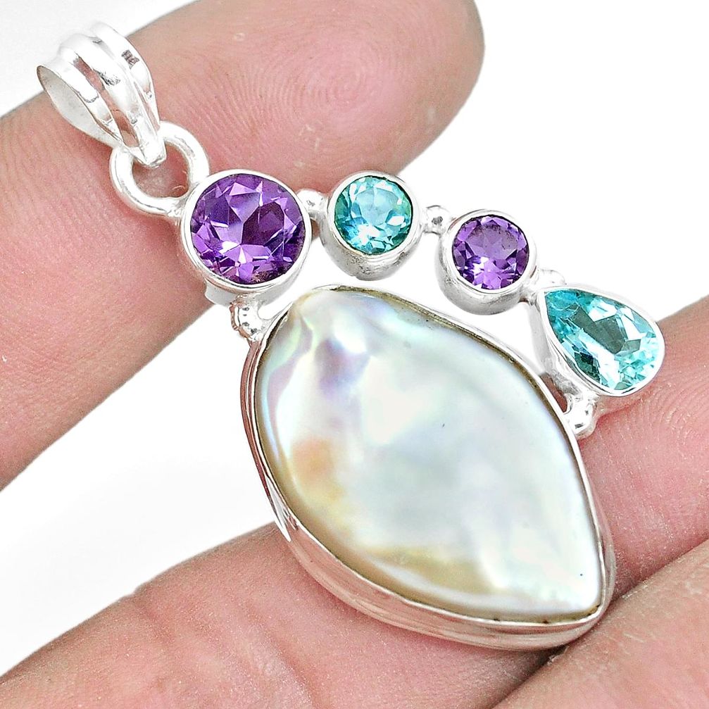 925 sterling silver 23.11cts natural white pearl amethyst topaz pendant p10564