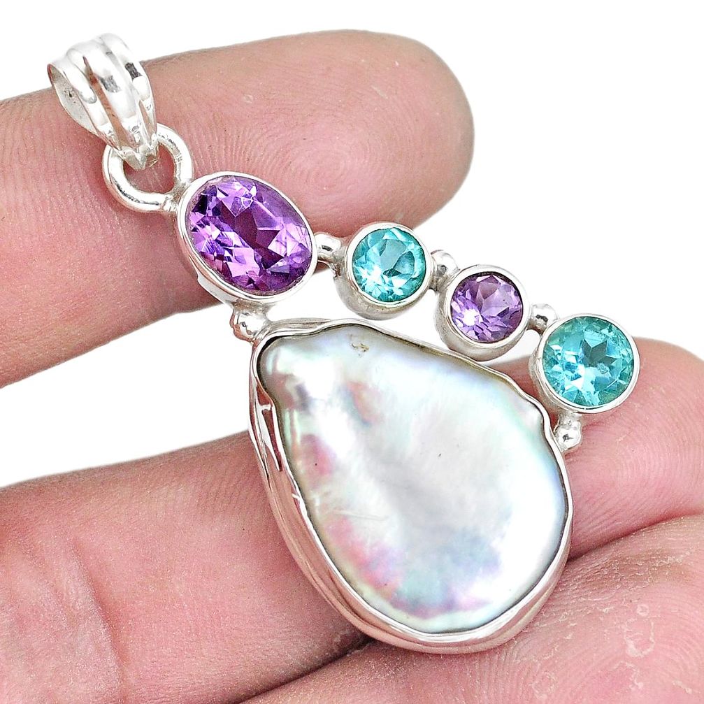 24.65cts natural white pearl amethyst topaz 925 silver pendant jewelry p10566