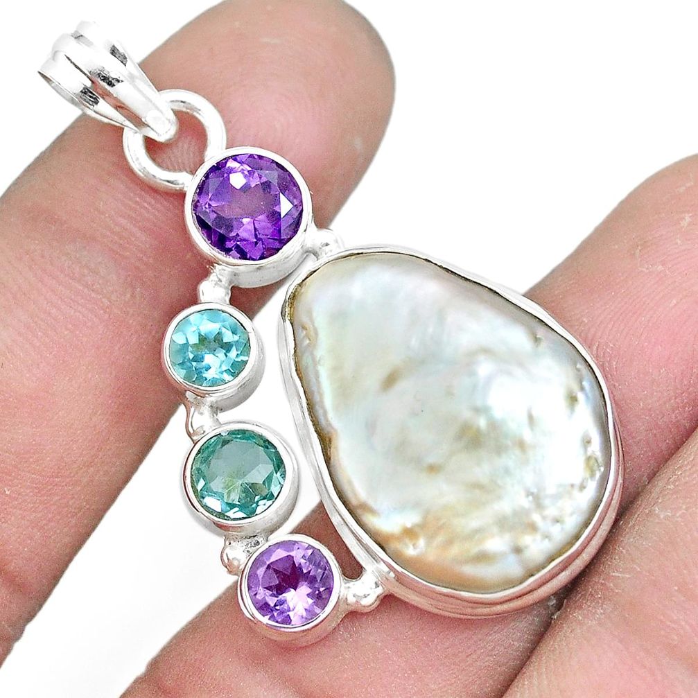 24.08cts natural white pearl amethyst topaz 925 sterling silver pendant p10567