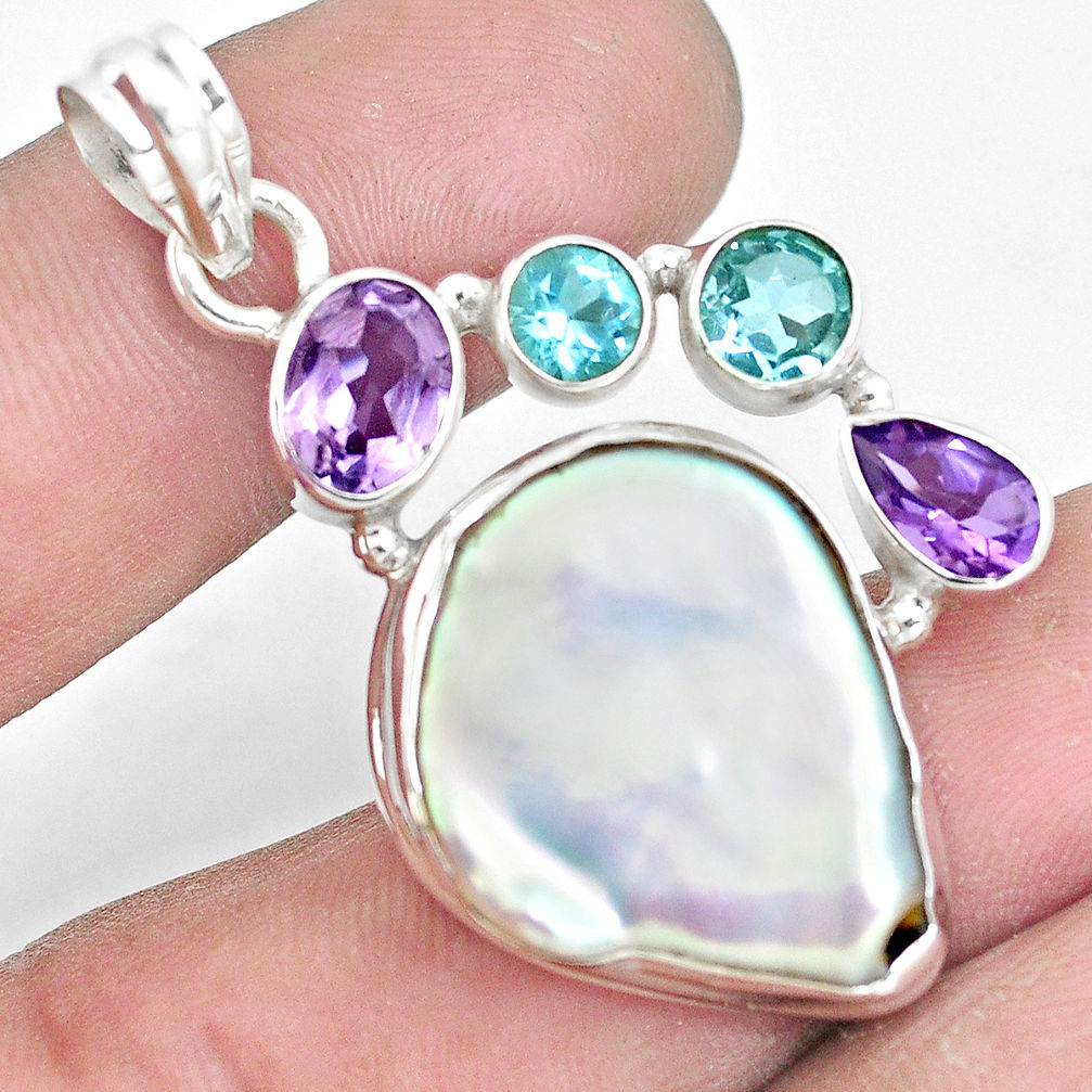 24.62cts natural white pearl amethyst topaz 925 sterling silver pendant p10568