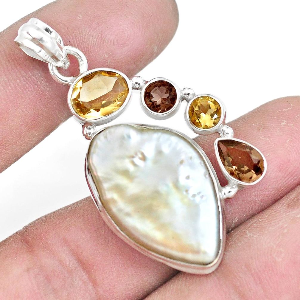 925 silver 24.08cts natural white pearl smoky topaz citrine pendant p10570