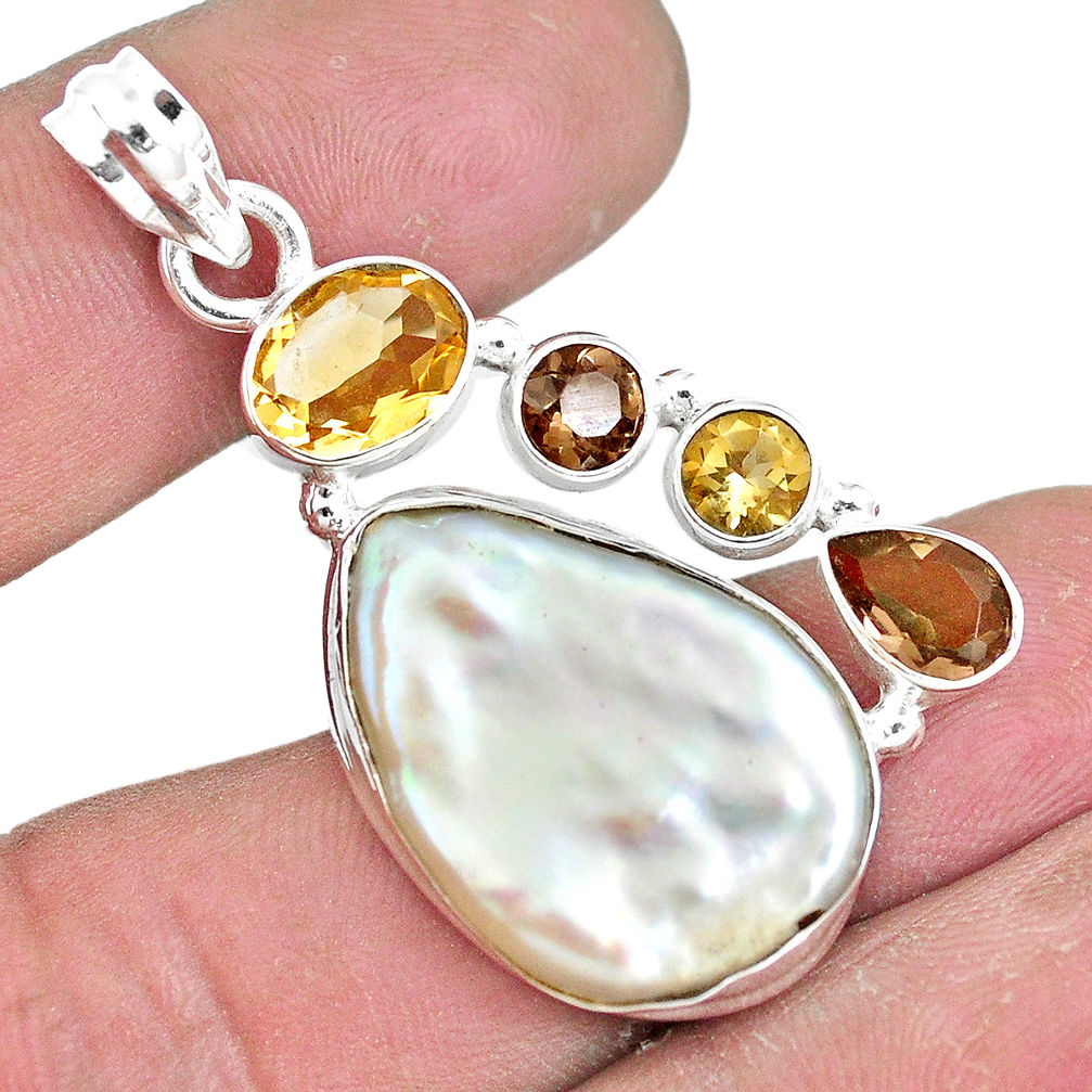 23.45cts natural white pearl smoky topaz citrine 925 silver pendant p10571