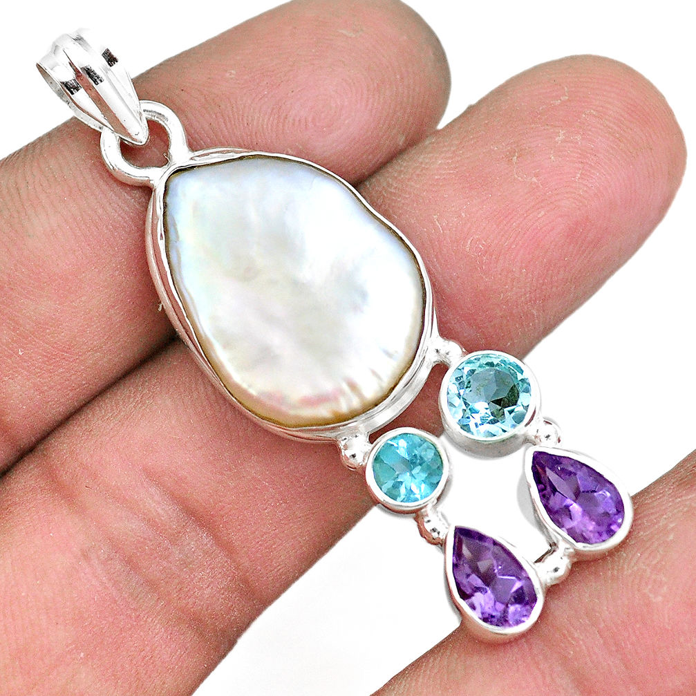 22.59cts natural white pearl amethyst topaz 925 sterling silver pendant p10576