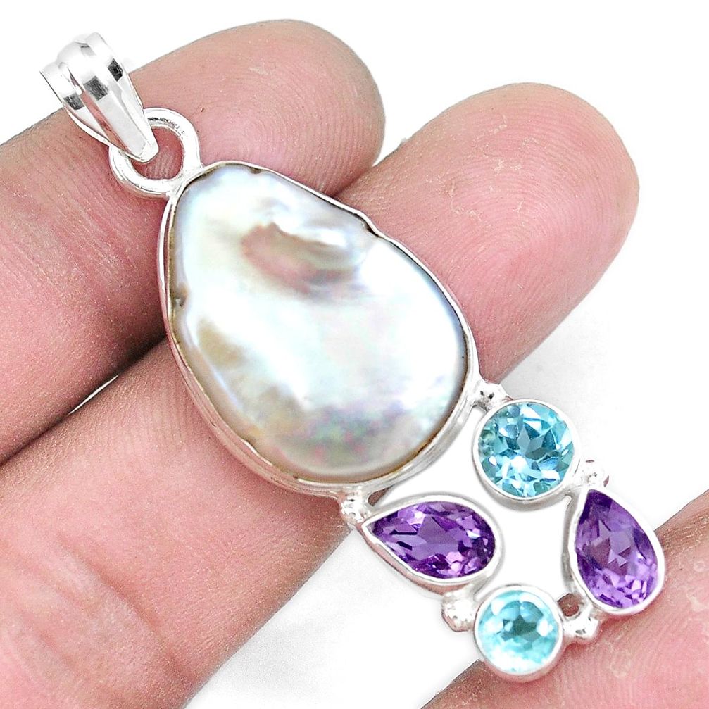 23.11cts natural white pearl amethyst topaz 925 sterling silver pendant p10579