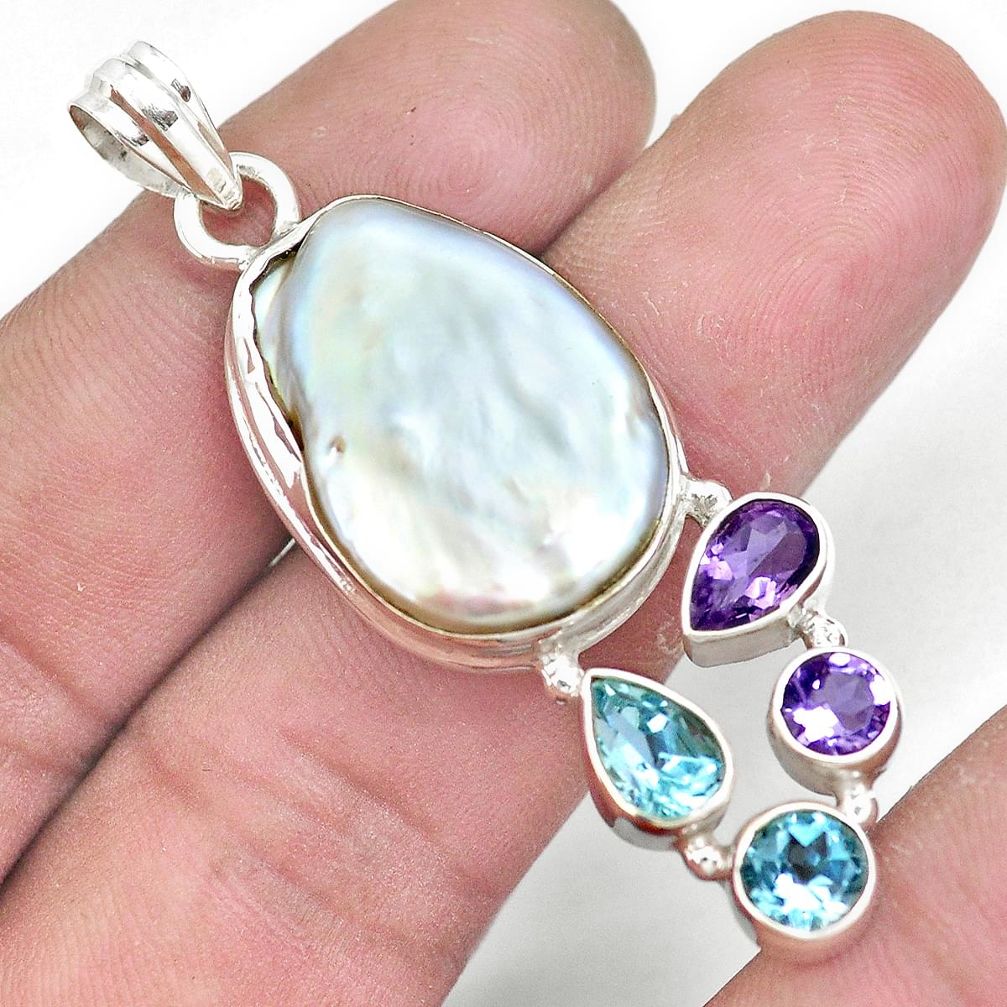 925 sterling silver 24.08cts natural white pearl amethyst topaz pendant p10580