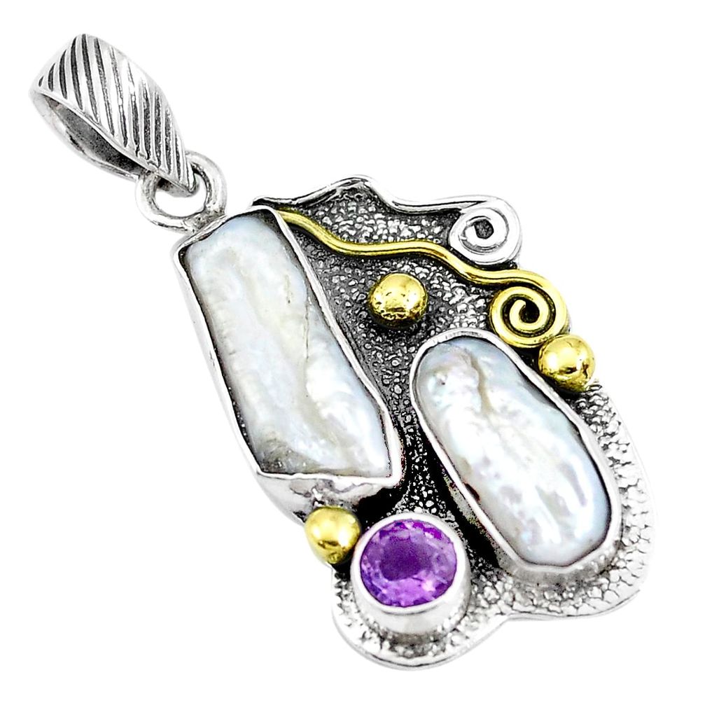 Victorian natural white pearl amethyst 925 silver two tone pendant p10669