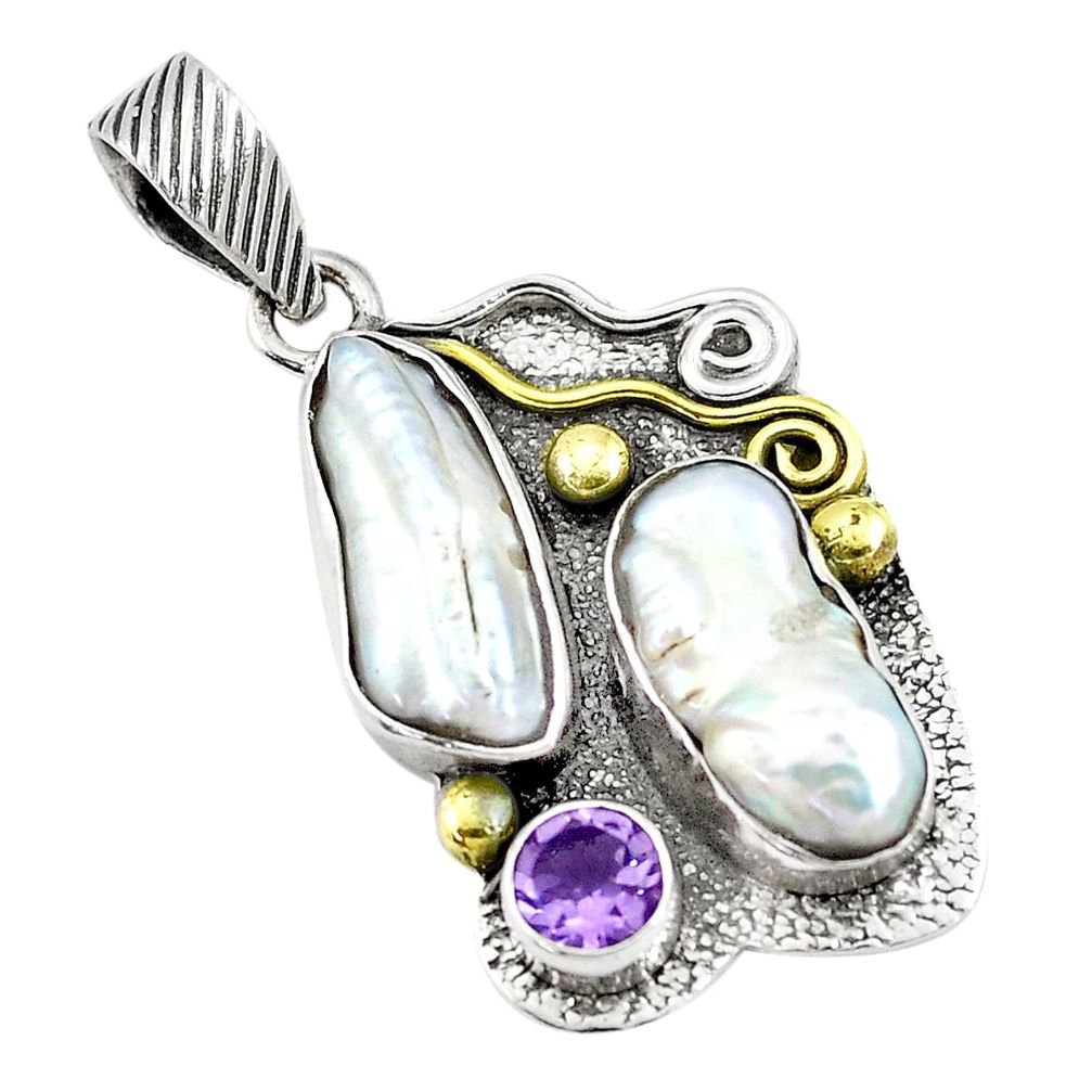 Victorian natural white pearl amethyst 925 silver two tone pendant p10670
