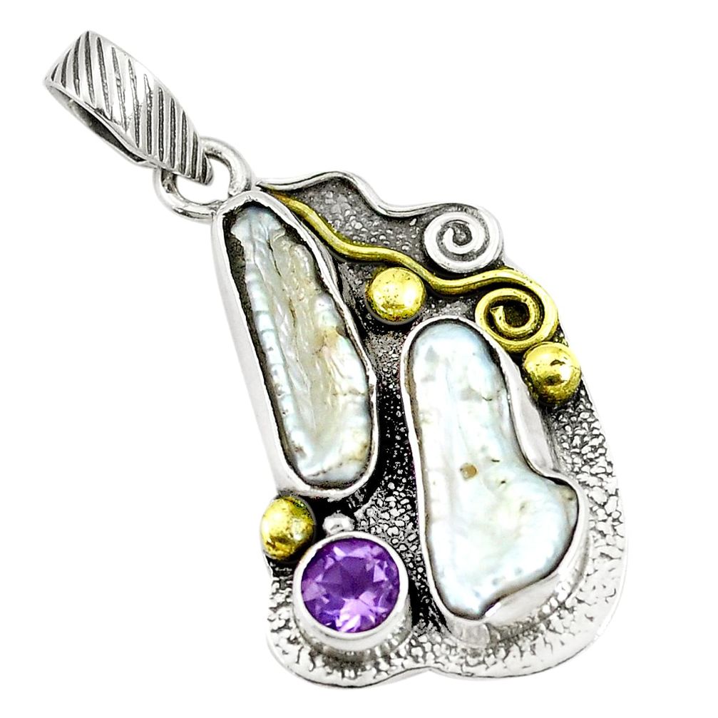 Victorian natural white pearl amethyst 925 silver two tone pendant p10671