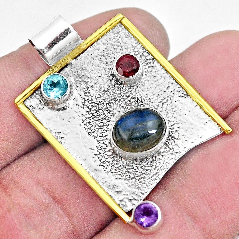 5.62cts victorian natural blue labradorite 925 silver two tone pendant p10715