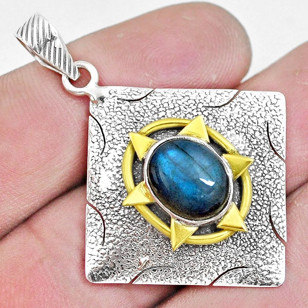 925 silver 5.35cts victorian natural blue labradorite two tone pendant p10716