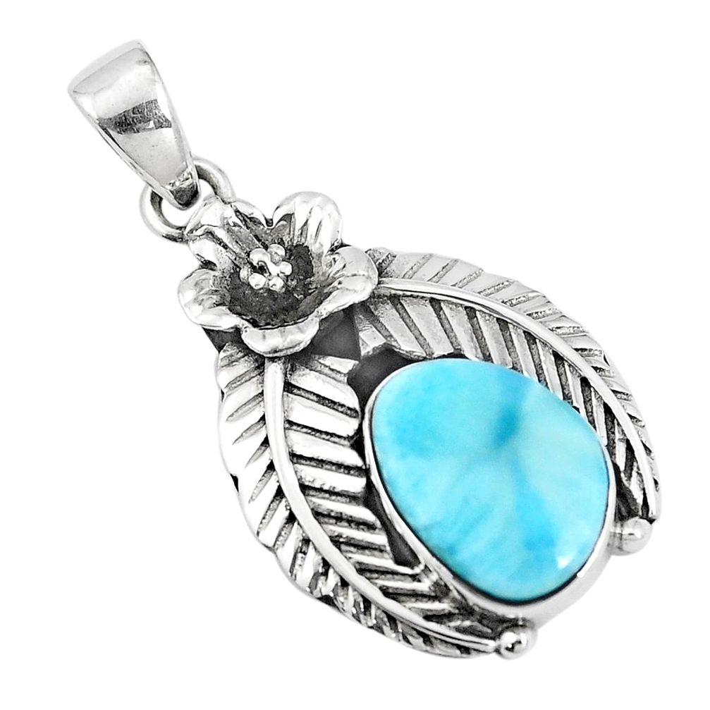 6.76cts natural blue larimar 925 sterling silver flower pendant jewelry p10791