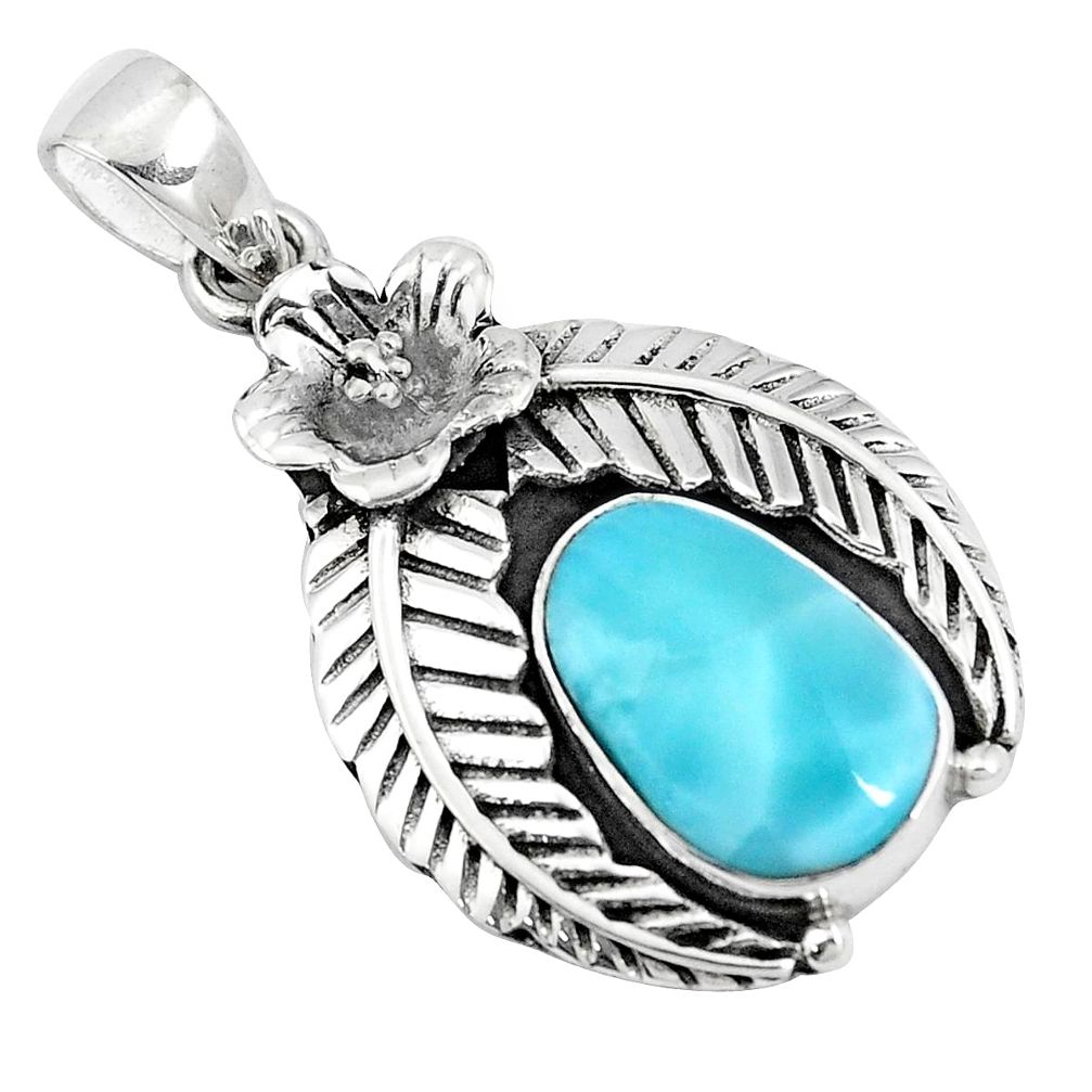 925 sterling silver 6.55cts natural blue larimar flower pendant jewelry p10792