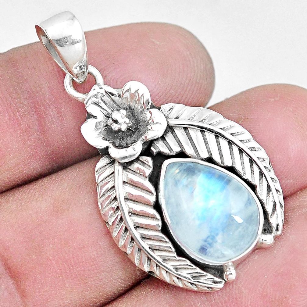 6.96cts natural rainbow moonstone 925 sterling silver flower pendant p10798