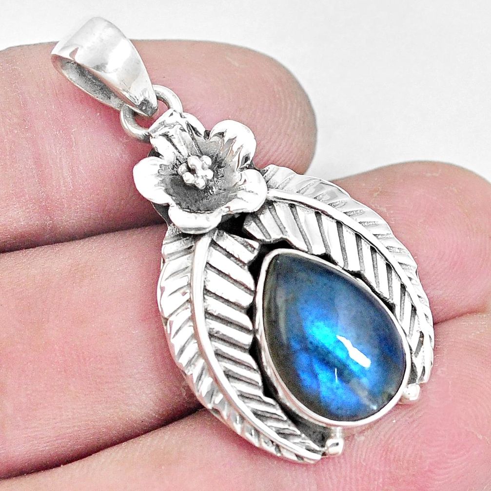 925 silver 6.76cts natural blue labradorite pear shape flower pendant p10799