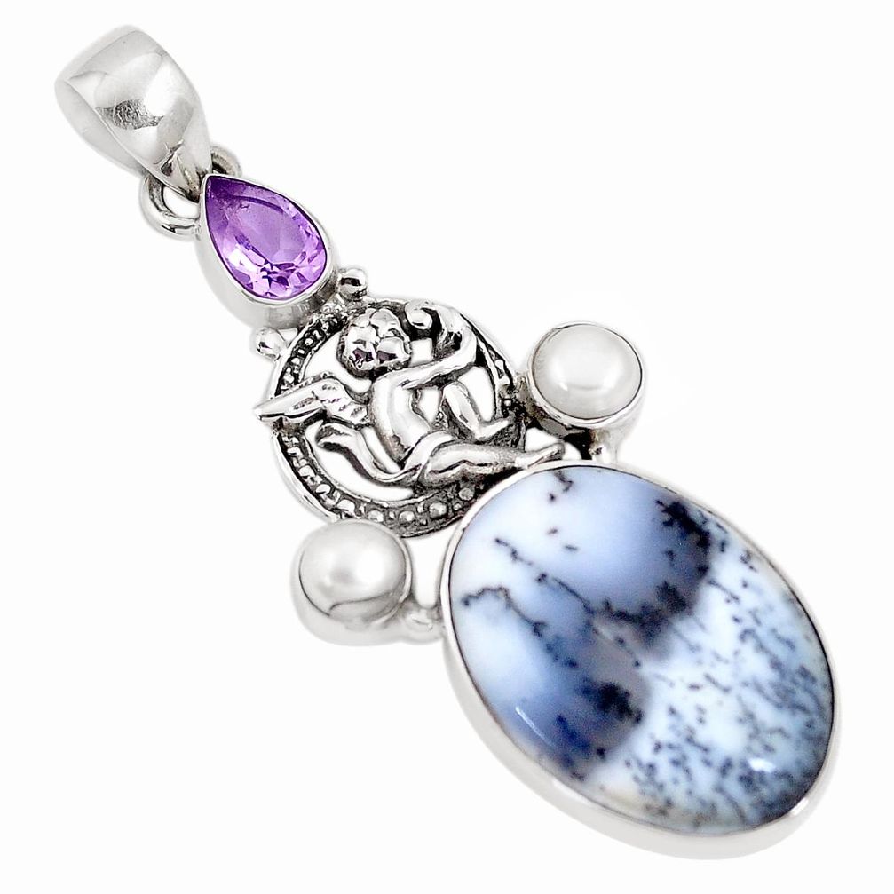 Natural white dendrite opal amethyst 925 silver cupid angel wings pendant p10817