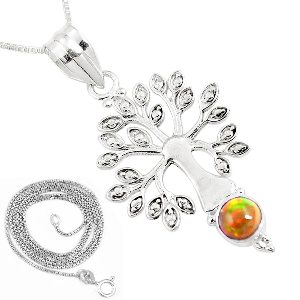1.20cts natural ethiopian opal 925 silver tree of life 18' chain pendant p11829