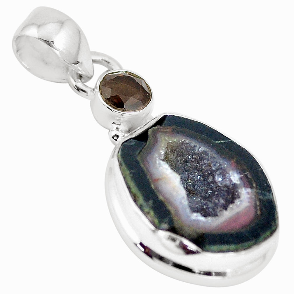 13.15cts natural brown geode druzy smoky topaz 925 silver pendant p13005