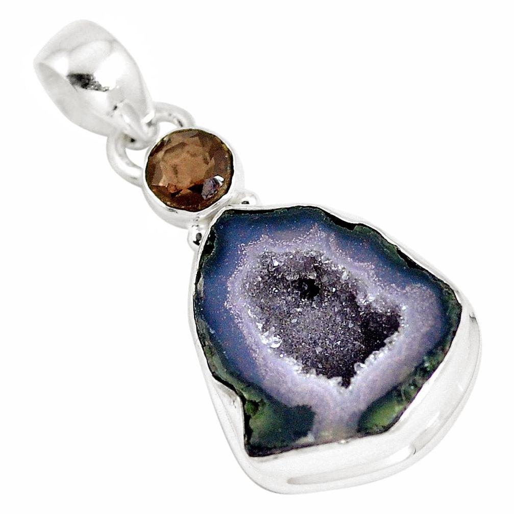 14.14cts natural brown geode druzy smoky topaz 925 silver pendant jewelry p13019