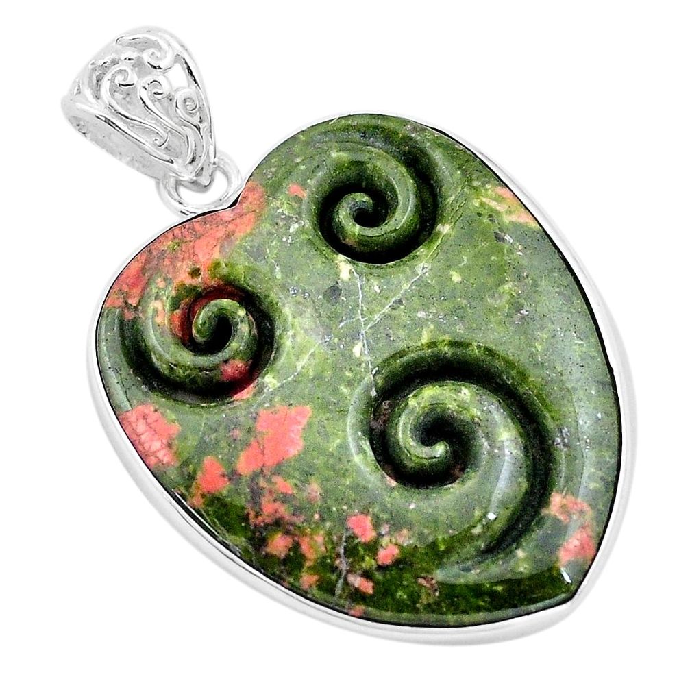 29.93cts carving natural green unakite heart 925 sterling silver pendant p13729