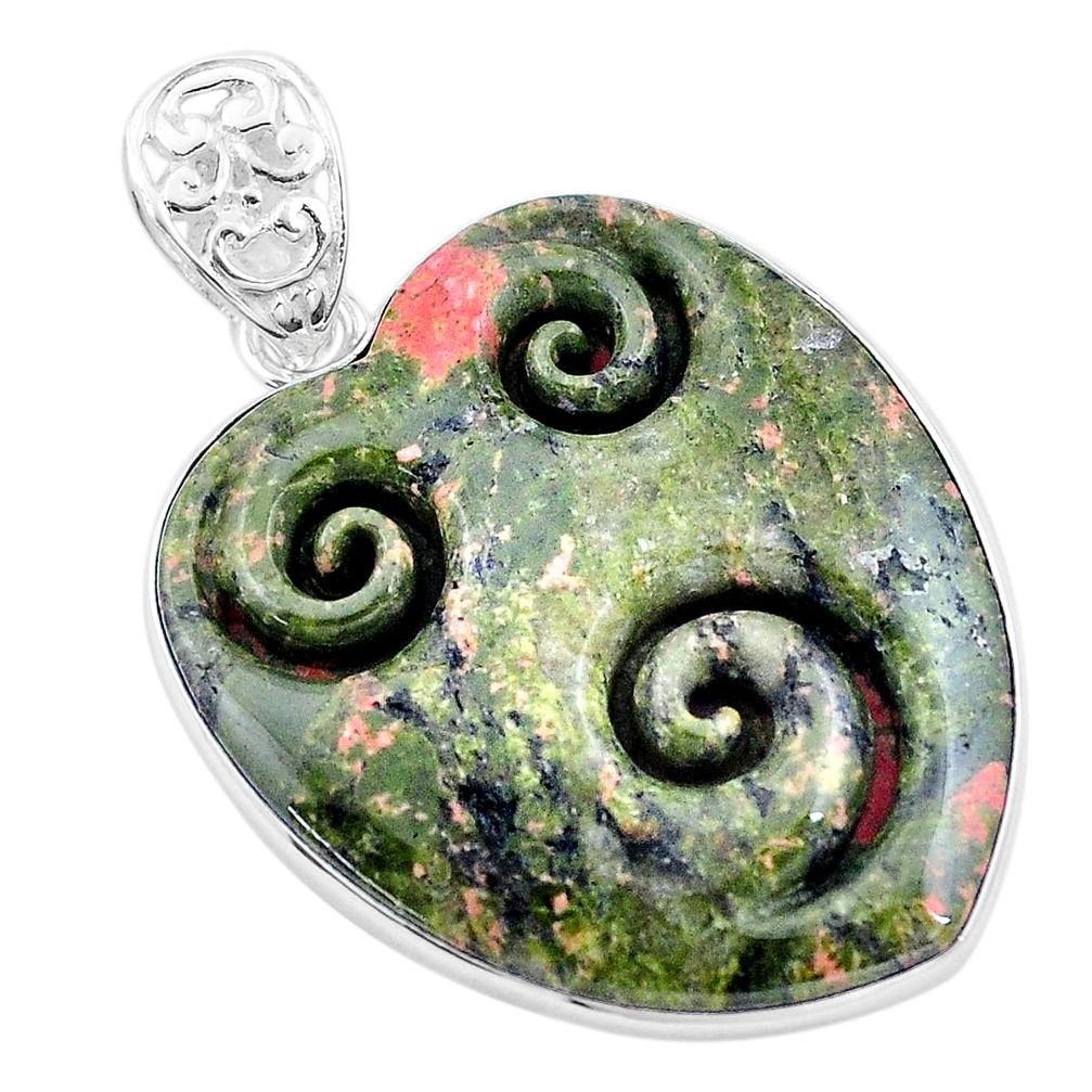 30.49cts carving natural green unakite heart 925 sterling silver pendant p13730