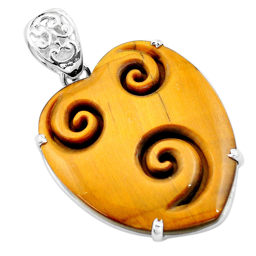 29.34cts carving natural brown tiger's eye heart 925 silver pendant p13734