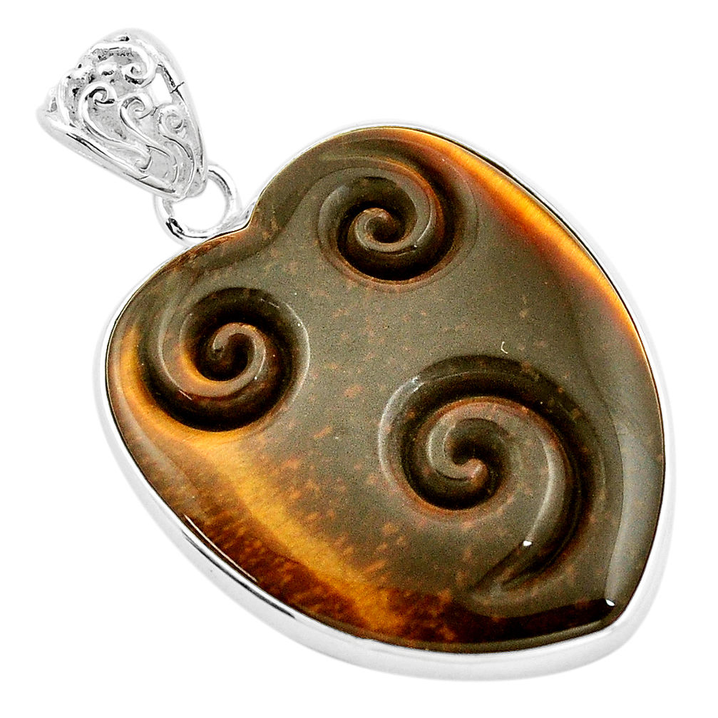 30.44cts carving natural brown tiger's eye heart 925 silver pendant p13735