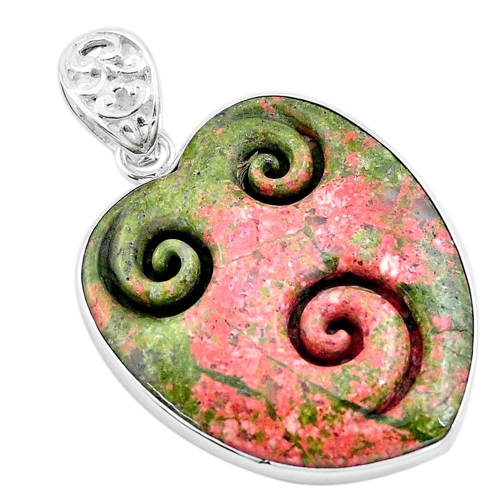 925 sterling silver 30.49cts carving natural green unakite heart pendant p13736