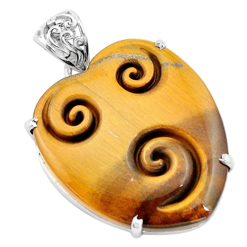 33.29cts carving natural brown tiger's eye heart 925 silver pendant p13737