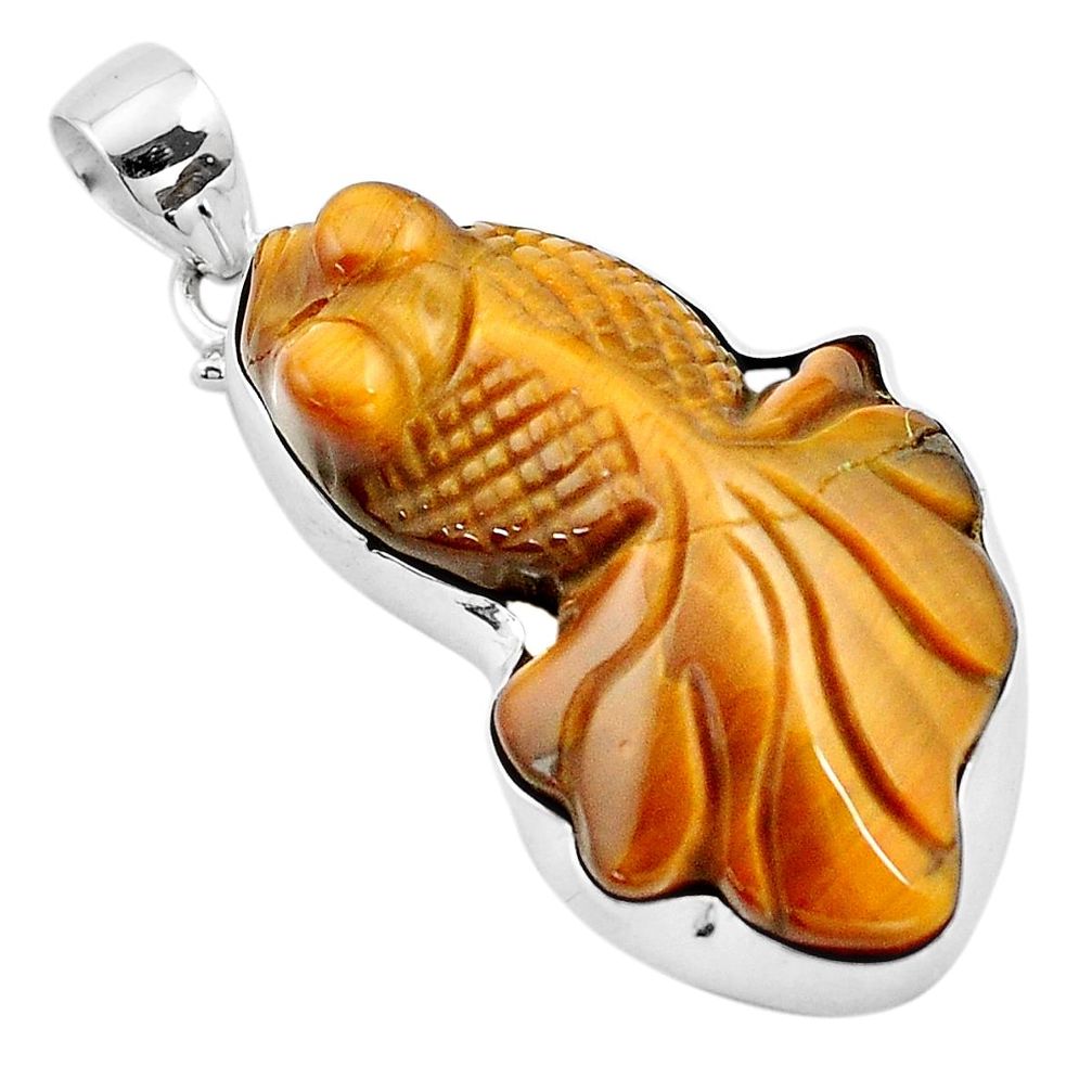 32.00cts natural brown tiger's eye 925 sterling silver fish pendant p13763