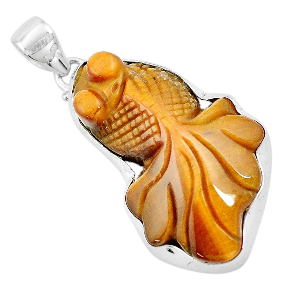 30.40cts natural brown tiger's eye 925 sterling silver fish pendant p13767