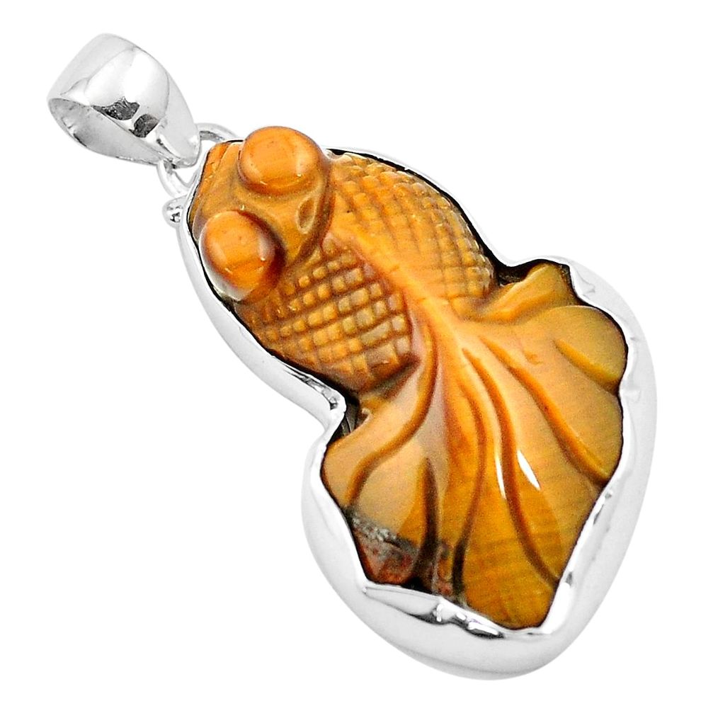 925 sterling silver 29.35cts natural brown tiger's eye fish pendant p13794
