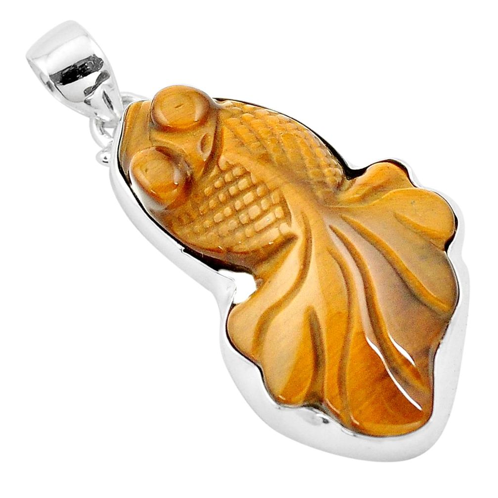 31.51cts natural brown tiger's eye 925 sterling silver fish pendant p13795