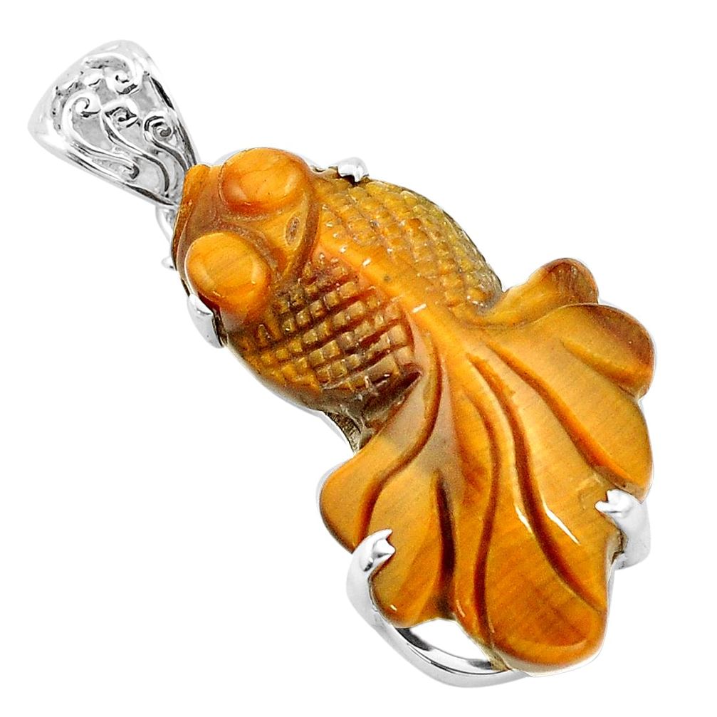 29.78cts natural brown tiger's eye 925 sterling silver fish pendant p13798