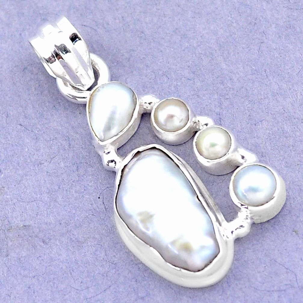 9.67cts natural white biwa pearl pearl 925 sterling silver pendant p13856