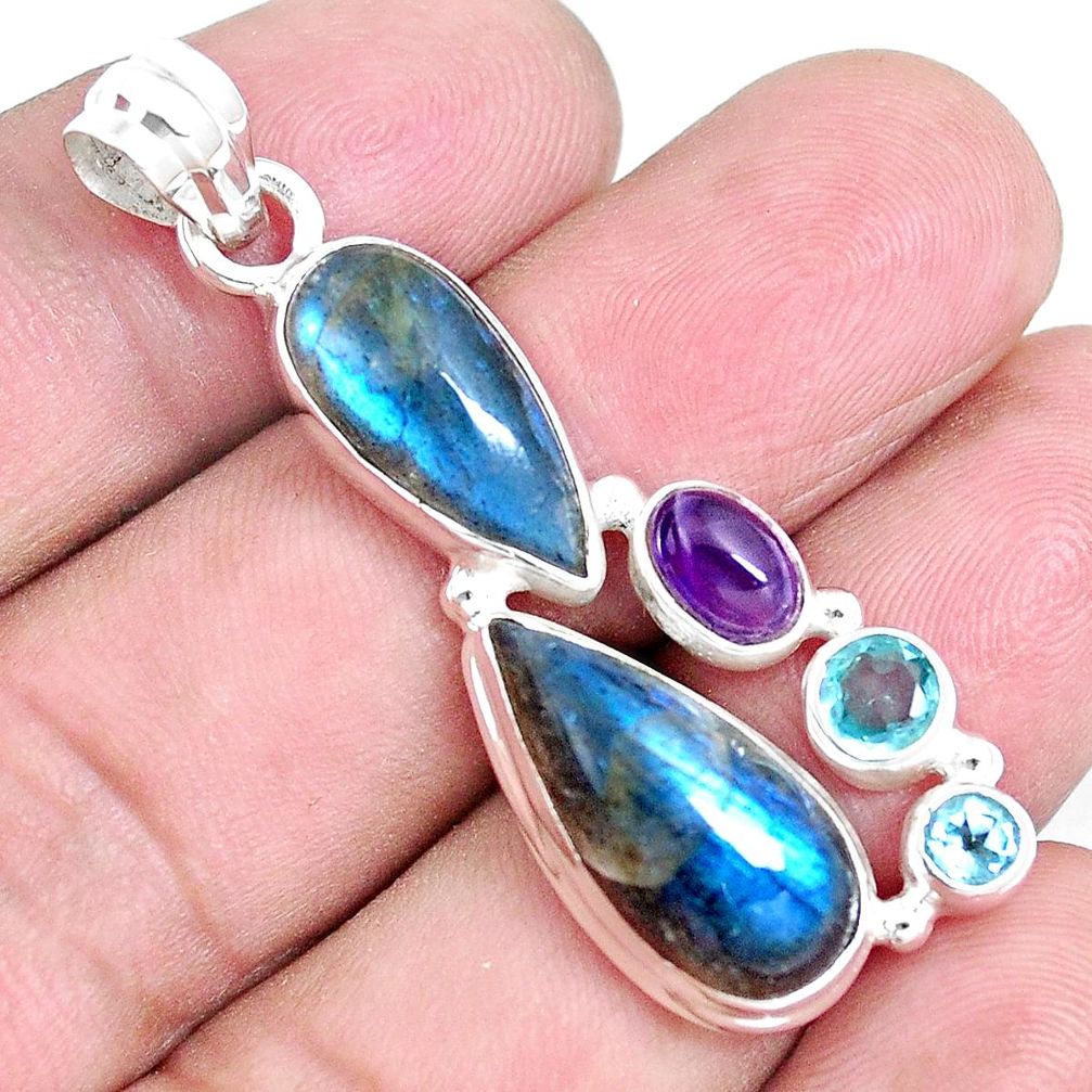 13.34cts natural blue labradorite amethyst topaz 925 silver pendant p14203