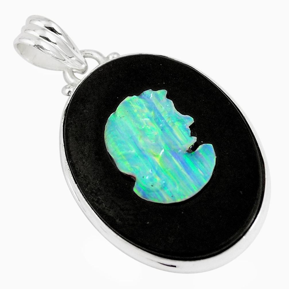 18.15cts natural black opal lady cameo on black onyx 925 silver pendant p14603
