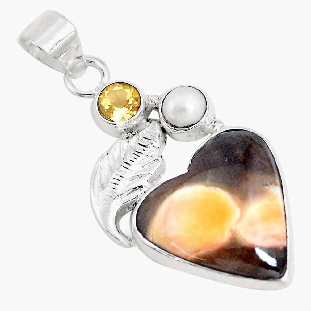 Natural brown peanut petrified wood fossil pearl 925 silver pendant p14769