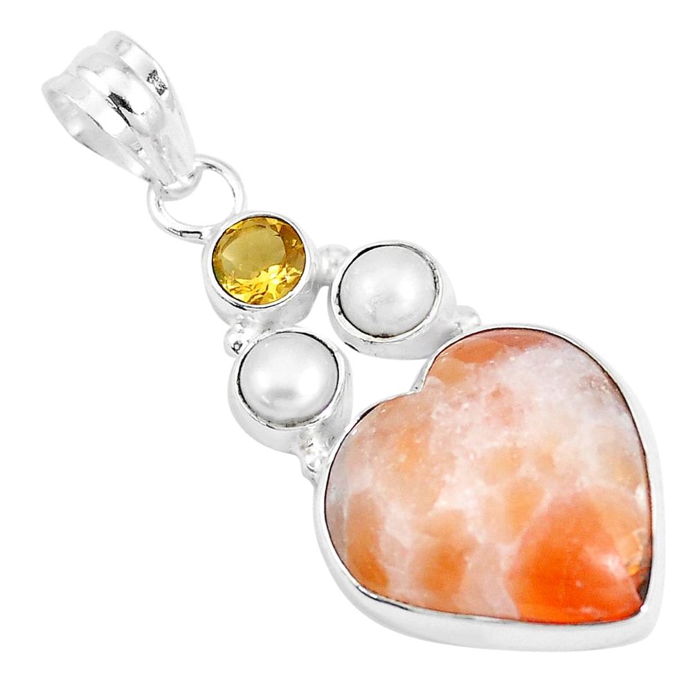 925 silver 13.15cts natural orange calcite citrine pearl heart pendant p14771