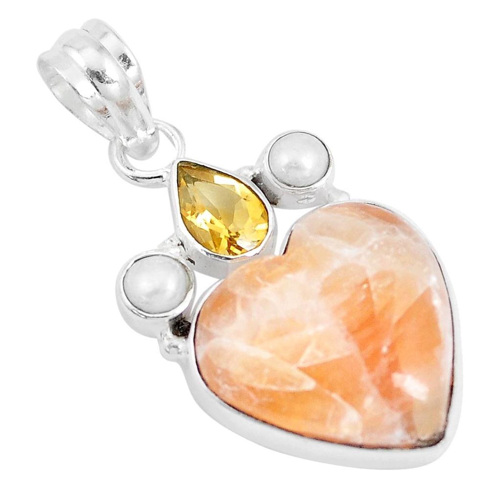 13.63cts natural orange calcite citrine pearl 925 silver heart pendant p14772