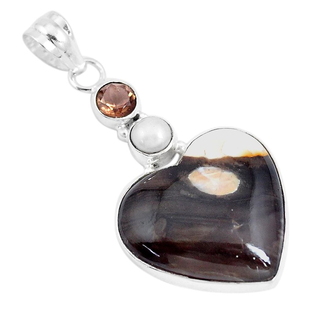 Natural brown peanut petrified wood fossil pearl 925 silver pendant p14787