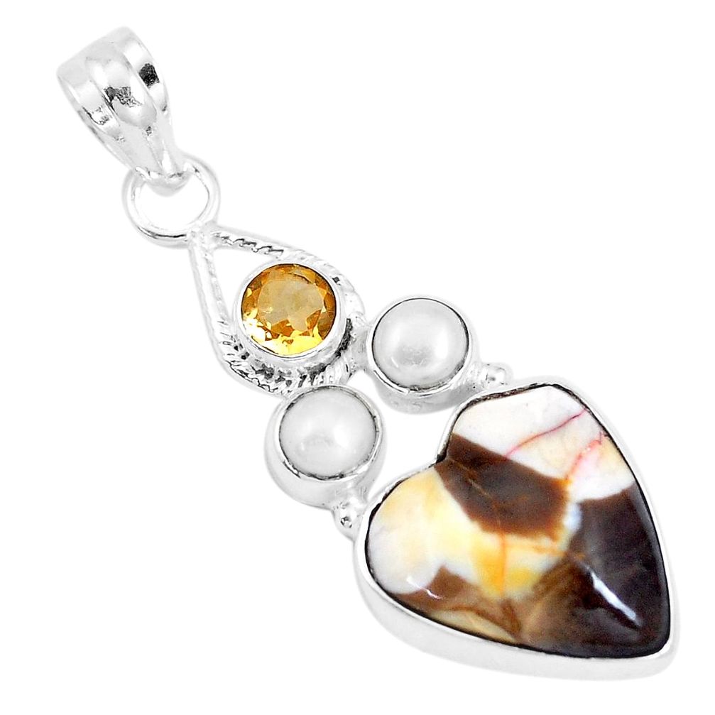 Natural brown peanut petrified wood fossil pearl 925 silver pendant p14789