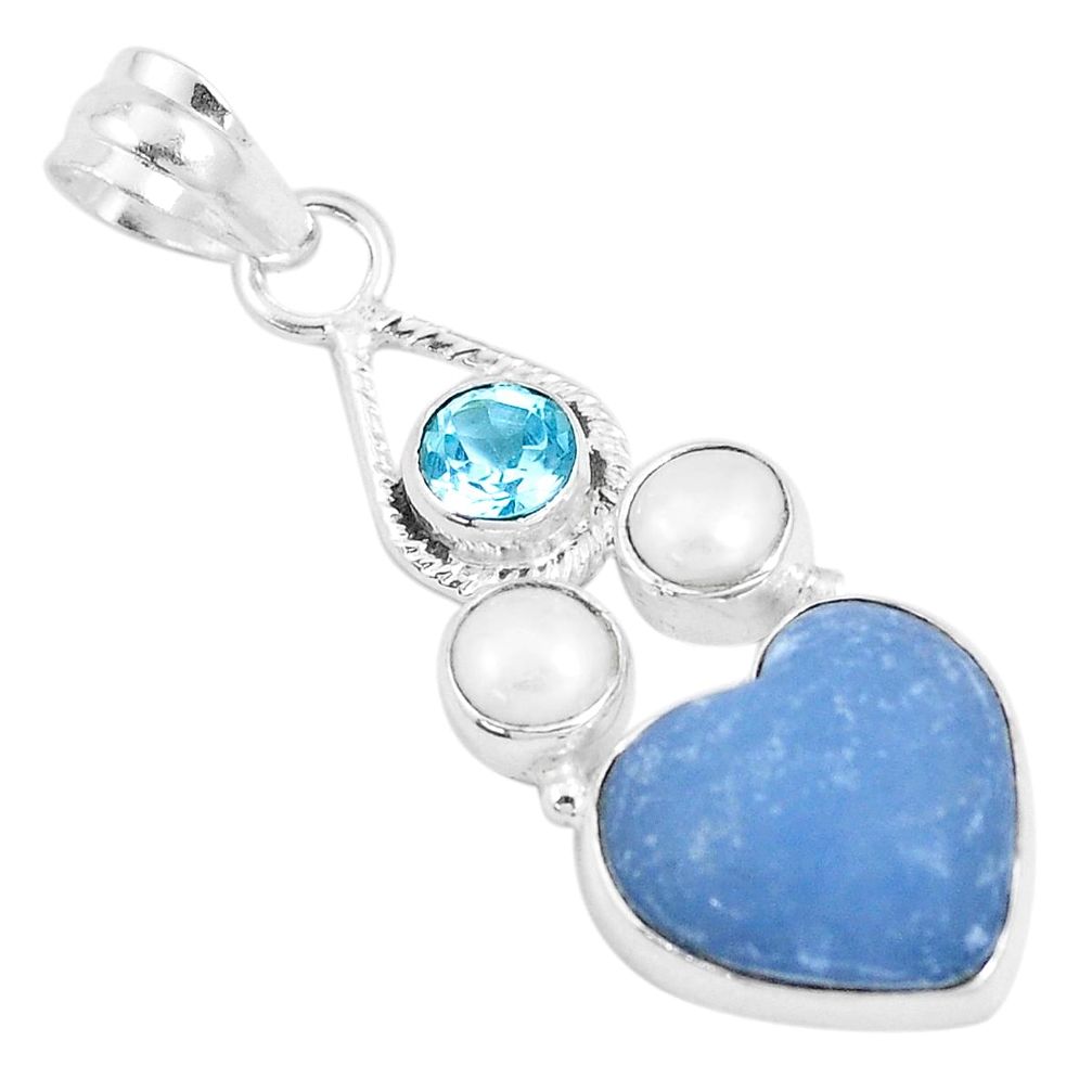 11.57cts natural blue angelite topaz topaz pearl silver heart pendant p14799
