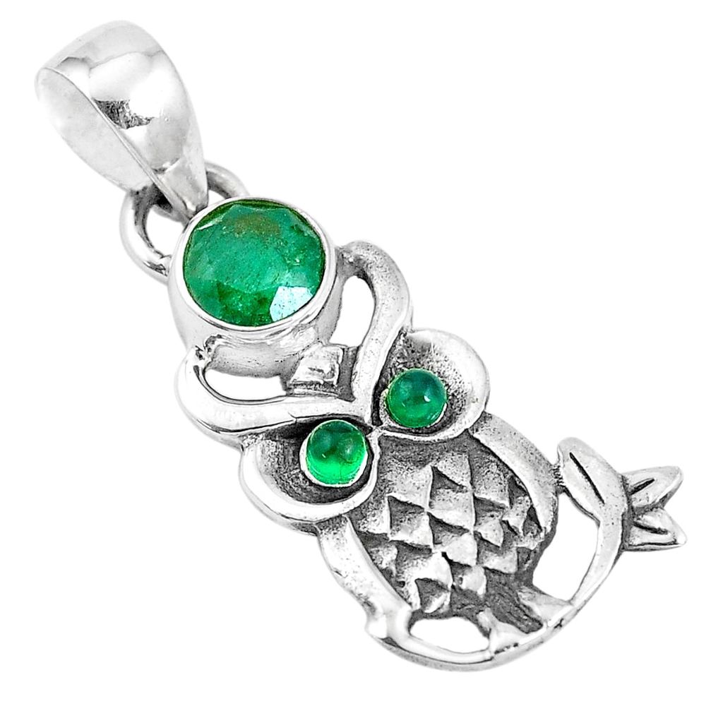 1.81cts natural green emerald chalcedony 925 sterling silver owl pendant p15861