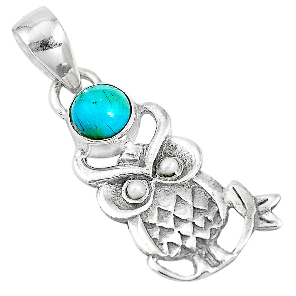 925 silver 1.96cts blue arizona mohave turquoise white pearl owl pendant p15863