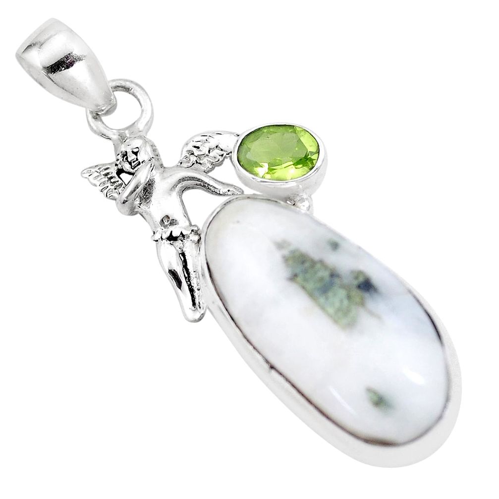 Natural green tourmaline in quartz 925 silver angel wings fairy pendant p16166