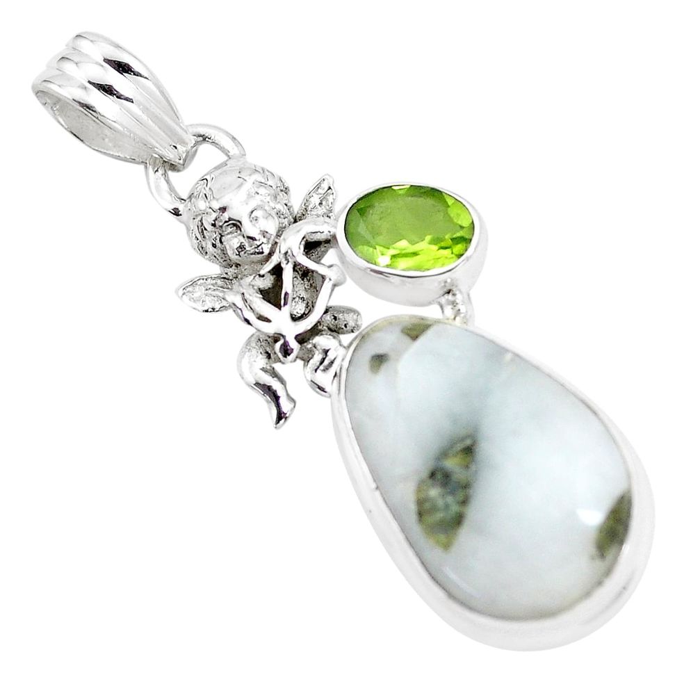 Natural green tourmaline in quartz 925 silver cupid angel wings pendant p16167