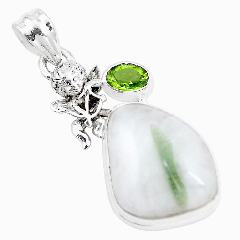 Natural green tourmaline in quartz 925 silver cupid angel wings pendant p16168